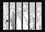  animal_ears black_border border column_lineup dotted_background flandre_scarlet foreshortening fox_ears fujiwara_no_mokou greyscale hat monochrome multiple_girls ngra no_hat no_headwear one_eye_closed patchouli_knowledge reiuji_utsuho remilia_scarlet touhou yakumo_ran 