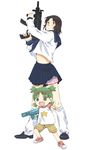  1girl black_hair boxers crossdressing green_eyes green_hair gun koiwai_yotsuba mr_koiwai quad_tails sailor-fuku_to_kikanjuu school_uniform serafuku short_hair sora_o underwear water_gun weapon yotsubato! 