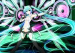  aqua_eyes aqua_hair bridal_gauntlets center_opening hatsune_miku hatsune_miku_(append) highres inu3 laser long_hair necktie no_panties open_mouth solo thighhighs twintails very_long_hair vocaloid vocaloid_append 