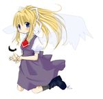  air blonde_hair blue_eyes boots feathers hair_ribbon kamio_misuzu kneeling long_hair ponytail ribbon satori_shiro school_uniform solo wings 