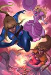  blonde_hair blue_eyes bodysuit breasts cleavage crown dress earrings elbow_gloves fire gloves gun jewelry kuroi-tsuki large_breasts legs long_hair magic mario_(series) metroid multiple_girls pink_dress ponytail princess_peach princess_zelda samus_aran smirk super_mario_bros. super_smash_bros. the_legend_of_zelda the_legend_of_zelda:_twilight_princess thighs umbrella weapon zero_suit 