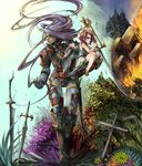  1girl armor bad_id bad_pixiv_id bear blonde_hair blood boots building burning carrying cherub child cross dress field_of_blades fire green_eyes long_hair multicolored_hair naochika_(spoon) original pink_hair planted_sword planted_weapon purple_hair sword tree very_long_hair weapon wings 