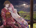  blue_eyes brown_eyes brown_hair floral_print head_on_shoulder japanese_clothes kimono long_hair megurine_luka meiko moon multiple_girls night pink_hair sanho short_hair sitting smile veranda vocaloid yuri 