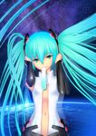  absurdres aqua_eyes aqua_hair bad_id bad_pixiv_id belt bridal_gauntlets elbow_gloves fingerless_gloves gloves hatsune_miku hatsune_miku_(append) highres long_hair mouth_hold navel necktie solo twintails vocaloid vocaloid_append yonasawa 