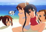  :&lt; alternate_hairstyle bad_id bad_pixiv_id beach bikini black_hair blush_stickers brown_eyes brown_hair buried casual_one-piece_swimsuit day frilled_swimsuit frills hairband halterneck hirasawa_ui hirasawa_yui k-on! multiple_girls nakano_azusa o_o ocean one-piece_swimsuit ponytail side_ponytail sweat swimsuit tainaka_ritsu twintails yunotimo 