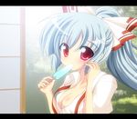  anime_coloring bloom bow breasts cleavage food fujiwara_no_mokou geo_(yukishitadou) hair_bow letterboxed long_hair medium_breasts no_bra ponytail popsicle red_eyes silver_hair solo suspenders touhou 