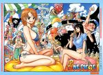  6+boys :q arm_tattoo barefoot bikini breasts brook copyright_name crossed_legs food franky ice_cream kicking large_breasts licking monkey_d_luffy multiple_boys multiple_girls nami_(one_piece) navel nico_robin oda_eiichirou official_art one_piece oversized_object roronoa_zoro sanji shirt side-tie_bikini sitting swimsuit tattoo tied_shirt tongue tongue_out tony_tony_chopper too_many too_many_scoops usopp 