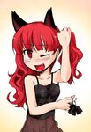  adjusting_hair animal_ears bare_shoulders bow breasts cat_ears cleavage fang hair_bow kaenbyou_rin long_hair one_eye_closed open_mouth red_eyes red_hair see-through small_breasts smile solo suzuneno_kanade touhou 