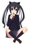  animal_ears bad_id bad_pixiv_id black_hair brown_eyes cat_ears coop_(coupon123) food indian_style k-on! long_hair nakano_azusa neck_ribbon pocky red_ribbon ribbon school_uniform sitting solo twintails 