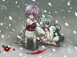  blood expressionless flower green_eyes green_hair japanese_clothes kimono komeiji_koishi komeiji_satori minamura_haruki multiple_girls pink_eyes pink_hair protecting short_hair siblings sisters sitting sketch snow standing tears touhou wariza younger yukata 