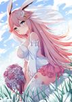  1girl absurdres animal_ears bangs bare_shoulders benghuai_xueyuan blue_eyes blue_sky blush bouquet breasts closed_mouth cloud cloudy_sky commentary_request day detached_sleeves dutch_angle eyebrows_visible_through_hair flower hair_between_eyes highres holding holding_bouquet honkai_impact juliet_sleeves large_breasts long_hair long_sleeves looking_at_viewer looking_to_the_side outdoors petals pink_flower pink_hair pink_rose pink_skirt pleated_skirt puffy_sleeves qunqing red_ribbon ribbon rose see-through seiza shirt sitting skirt sky smile solo strapless thighhighs veil very_long_hair white_flower white_legwear white_rose white_shirt yae_sakura_(benghuai_xueyuan) 
