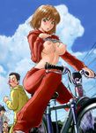  3boys anezaki_mamori bicycle blood blue_eyes blush breasts brown_hair cloud day double_vertical_stripe exhibitionism eyeshield_21 ground_vehicle jpeg_artifacts kobayakawa_sena komusubi_daikichi konkitto large_breasts long_sleeves multiple_boys nipples non-web_source nosebleed shirt_lift short_hair track_suit 