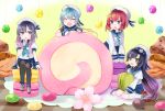  ^_^ ^o^ ahoge aqua_hair beret black_hair black_legwear blue_eyes braid cake candy closed_eyes commentary_request cookie etorofu_(kantai_collection) flower food gloves gradient_hair green_eyes grey_hair hair_ornament hairpin hat kantai_collection kneehighs konpeitou long_hair macaron matsuwa_(kantai_collection) minigirl multicolored_hair multiple_girls pleated_skirt red_hair sado_(kantai_collection) school_uniform serafuku shoes silver_eyes sitting skirt swiss_roll thighhighs tsushima_(kantai_collection) twin_braids wariza white_gloves white_legwear x_hair_ornament yunamaro zettai_ryouiki 