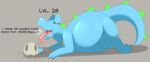  ambiguous_gender blue_skin dialogue digestion diorexity english_text grey_background guzzle male_pred male_prey nintendo pok&eacute;mon pok&eacute;mon_(species) post_vore simple_background skull solo text totodile video_games vore 