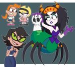  angry animal_humanoid arachnid arachnid_humanoid arthropod arthropod_humanoid black_eyes black_hair blonde_hair breasts cartoon_network child cleavage clothed clothing dress eyeshadow eyewear fangs female freckles glasses green_eyes grim_(tgaobam) hair headband holding_head human_focus humanoid makeup mandy_(tgaobam) marreeps mindy_(tgaobam) ms._butterbean orange_hair school_uniform skull spider the_grim_adventures_of_billy_and_mandy uniform velma_green white_skin young 