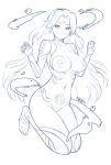  bare_shoulders breasts commentary_request earrings facial_mark forehead_mark full_body hands_up head_fins jewelry large_breasts light_smile long_hair looking_at_viewer maritan_(pixelmaritan) monochrome monster_girl_encyclopedia navel sketch solo tattoo undine_(monster_girl_encyclopedia) very_long_hair 