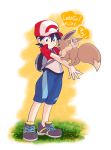  animal_on_arm backpack bag baseball_cap black_hair brown_eyes capri_pants eevee full_body gen_1_pokemon grass hat kakeru_(pokemon) kibisakura looking_at_another male_focus pants pokemon pokemon_(creature) pokemon_(game) pokemon_lgpe shoes short_sleeves smile sneakers speech_bubble star twitter_username yamamoto_satoshi_(style) 