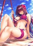  arm_support bangs bare_shoulders bikini blue_sky breasts cleavage day eyebrows_visible_through_hair fate/grand_order fate_(series) fingernails flower gae_bolg hair_between_eyes hair_flower hair_intakes hair_ornament hibiscus highres hips knee_up large_breasts leaning_back leg_garter legs long_fingernails long_hair navel outdoors parted_lips partially_submerged pink_bikini pinky_out piromizu purple_hair red_eyes scathach_(fate)_(all) scathach_(swimsuit_assassin)_(fate) sitting sky smile solo swimsuit thighs underboob wet 