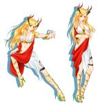  anunnaki blonde_hair bracelet contrapposto full_body graphite_(medium) greek_mythology high_heels highres horns jewelry long_hair looking_at_viewer midriff navel original pose red_eyes shawl smile standing tachi-e traditional_media white_background 