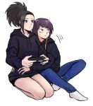  black_hair black_hoodie boku_no_hero_academia commentary controller denim frown game_controller highres holding hood hoodie hug jeans jirou_kyouka long_sleeves multiple_girls no_shoes pants ponytail purple_hair seiza short_hair single_sidelock sitting socks sweat vvvmung white_background white_legwear yaoyorozu_momo yuri 