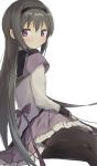  akemi_homura black_hair black_hairband black_legwear bow hairband highres long_hair long_sleeves looking_back magical_girl mahou_shoujo_madoka_magica muted_color pantyhose purple_bow purple_eyes sketch solo tsubaki_(tatajd) 