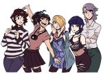  blue_hair brown_eyes brown_hair choker collarbone commentary english_commentary jewelry kawakami_sadayo looking_at_viewer mifune_chihaya nail_polish necklace niijima_sae ohya_ichiko pantyhose persona persona_5 ponytail red_eyes scruffyturtles shirt short_hair smile takemi_tae thighhighs younger 