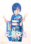  1girl :d absurdres blue_hair blue_kimono commentary_request darling_in_the_franxx dated eyes_visible_through_hair fireworks floral_print flower gorgeous_mushroom green_eyes hair_flower hair_ornament hair_over_one_eye highres holding ichigo_(darling_in_the_franxx) japanese_clothes kimono looking_at_viewer obi open_mouth print_kimono revision sash short_hair signature smile solo sparkler standing translation_request wide_sleeves 