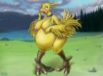  2018 anthro avian big_breasts blyzzarde breasts butt chocobo clothed clothing collar comic detailed_background feathers female final_fantasy forest kauko lake nipples nude open_mouth post_transformation pregnant skirt square_enix surprise talons torn_clothing tree video_games weight_gain 