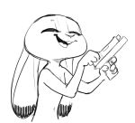  2018 ambiguous_gender anthro black_and_white buckteeth dipstick_ears disney eyes_closed fuel_(artist) gun handgun holding_object holding_weapon humor judy_hopps lagomorph mammal monochrome nude open_mouth open_smile pistol rabbit ranged_weapon reaction_image simple_background smile solo teeth weapon white_background zootopia 