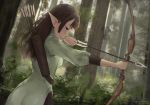  2018 absurdres arrow bangs black_pants bless_online blue_eyes blunt_bangs bow_(weapon) brown_hair dated day dress elf forest from_side green_dress highres holding holding_arrow holding_bow_(weapon) holding_weapon long_hair nature outdoors pants pointy_ears signature sketch solo sunako_(veera) tree weapon 