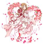  asuna_(sao) blush bouquet braid brown_eyes brown_hair detached_sleeves dress flower full_body garter_straps hair_flower hair_ornament holding holding_bouquet leg_up long_hair looking_at_viewer official_art petals pink_dress pink_flower pink_footwear pink_rose pumps red_flower red_rose rose senritsu_reishiki side_braid simple_background single_braid skirt_hold sleeveless sleeveless_dress smile solo sword_art_online sword_art_online:_code_register thighhighs white_background white_legwear 