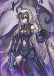  armor armored_dress bare_shoulders black_armor black_dress black_gloves breasts chain dress dual_wielding eyebrows_visible_through_hair fate/grand_order fate_(series) faulds flag fur_trim gauntlets gloves greaves headpiece holding jeanne_d'arc_(alter)_(fate) jeanne_d'arc_(fate)_(all) long_hair navel_cutout polearm purutoppu_(toranohige) silver_hair smile solo sword very_long_hair weapon yellow_eyes 