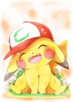  &lt;3 2017 ambiguous_gender azuma_minatsu black_nose blush eyes_closed flower grass hat nintendo open_mouth pikachu plant pok&eacute;mon pok&eacute;mon_(species) sitting solo video_games 