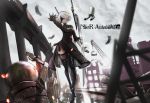  absurdres artist_name black_blindfold black_dress blindfold blurry_foreground boots breasts cleavage_cutout commentary copyright_name dress feather-trimmed_sleeves feathers high_heel_boots high_heels highres holding holding_sword holding_weapon juliet_sleeves leather leather_boots long_sleeves medium_breasts mole mole_under_mouth nier_(series) nier_automata pod_(nier_automata) puffy_sleeves robot short_hair silver_hair sword thigh_boots thighhighs thighhighs_under_boots vambraces weapon yadoshin yorha_no._2_type_b 