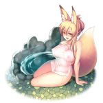  animal_ears arm_support asa_(xametaler) blonde_hair blush breasts collarbone covered_nipples folded_ponytail fox_ears fox_girl fox_tail highres large_breasts long_hair looking_at_viewer naked_towel onsen open_mouth original rock sidelocks smile solo tail towel 