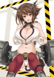  asahi_(fullmetal_madness) breast_hold breast_lift breasts brown_hair chain cleavage crest feet_out_of_frame flower gloves green_eyes hairband headgear huge_breasts kantai_collection looking_at_viewer machinery midriff miniskirt mutsu_(kantai_collection) navel panties red_legwear rigging short_hair sitting skirt solo thighhighs turret underwear white_gloves white_panties 