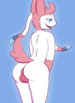  2018 anthro anthrofied anus backsack balls blue_eyes butt dabelette digital_media_(artwork) eeveelution fur looking_at_viewer looking_back male mammal nintendo nude open_mouth perineum pok&eacute;mon pok&eacute;mon_(species) presenting presenting_hindquarters rear_view ribbons seductive simple_background smile solo standing sylveon tongue tongue_out video_games 