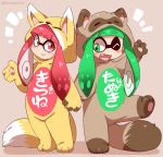  2girls ;d animal_costume blush domino_mask eromame fang fox_costume green_eyes green_hair hand_holding inkling leg_up long_hair mask multiple_girls one_eye_closed open_mouth pink_eyes pink_hair smile splatoon splatoon_(series) splatoon_1 tanuki_costume tentacle_hair twitter_username 