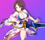  1girl bikini_top breasts brown_eyes brown_hair kimono kimono_down large_breasts sawabe_tsubaki shigatsu_wa_kimi_no_uso short_hair sword 