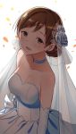  :d bad_id bad_pixiv_id bare_shoulders blush breasts brown_eyes brown_hair cleavage collarbone commentary_request dress elbow_gloves flower gloves goyain hair_flower hair_ornament hair_up highres idolmaster idolmaster_cinderella_girls long_hair looking_at_viewer medium_breasts motion_blur nitta_minami open_mouth petals rose see-through simple_background smile solo strapless strapless_dress veil wedding_dress white_background white_dress white_flower white_gloves white_rose 