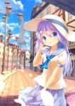  :o arm_up bangs blue_eyes blue_neckwear blue_sailor_collar blue_skirt blurry blurry_background blush building chinomaron commentary_request depth_of_field eiffel_tower eyebrows_visible_through_hair gochuumon_wa_usagi_desu_ka? hair_between_eyes hair_ornament hat highres kafuu_chino lamppost long_hair neckerchief paris parted_lips pleated_skirt puffy_short_sleeves puffy_sleeves purple_hair road sailor_collar school_uniform serafuku shirt short_sleeves skirt solo street very_long_hair white_hat white_shirt x_hair_ornament 