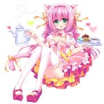  :d animal_ears ass bangs blush bow breasts cat_ears cleavage commentary_request cup dress eyebrows_visible_through_hair food full_body green_eyes hair_between_eyes hair_bow hair_ribbon hands_up heart holding holding_tray long_hair macaron maid mary_janes medium_breasts open_mouth original pink_bow pink_dress pink_hair puffy_short_sleeves puffy_sleeves red_bow red_footwear ribbon saucer shikito shoes short_sleeves simple_background sitting smile solo tea teacup teapot thighhighs tray very_long_hair white_background white_legwear wrist_cuffs yellow_ribbon 