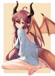  ahoge ass border dragon_tail dragon_wings dress_shirt grea_(shingeki_no_bahamut) hair_between_eyes highres horns koretsuki_azuma manaria_friends outside_border purple_hair shirt sitting tail wariza white_border wings 