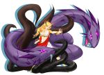  anunnaki blonde_hair bracelet fangs full_body graphite_(medium) greek_mythology horns jewelry long_hair midriff navel open_mouth original pose purple_eyes red_eyes scales shawl snake standing tachi-e traditional_media white_background 