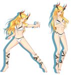  anunnaki barefoot blonde_hair bracelet closed_eyes contrapposto full_body graphite_(medium) greek_mythology highres horns jewelry long_hair looking_at_viewer navel original pose red_eyes ribbon smile standing swimsuit tachi-e traditional_media white_background 