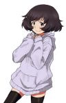  akiyama_yukari brown_eyes brown_hair cowboy_shot girls_und_panzer hood hoodie kayabakoro oversized_clothes sleeves_past_wrists solo thighhighs white_background zettai_ryouiki 