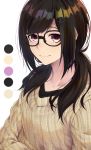  1girl bangs black_hair color_guide eyebrows_behind_hair glasses hair_ornament hair_over_shoulder hairclip highres layered_clothing long_hair long_sleeves looking_at_viewer low_twintails original purple_eyes ribbed_sweater shunga_(shun608) simple_background smile solo sweater swept_bangs twintails upper_body white_background 