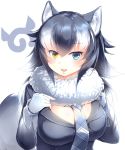  :d absurdres animal_ears black_hair blonde_hair blue_eyes breasts commentary fang fur_collar grey_wolf_(kemono_friends) hair_between_eyes highres japari_symbol kanzakietc kemono_friends large_breasts looking_at_viewer multicolored_hair necktie open_mouth plaid_neckwear simple_background smile solo tail two-tone_hair upper_body white_background wolf_ears wolf_tail 