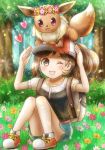  ;d ayumi_(pokemon) backpack bag baseball_cap blush_stickers brown_eyes brown_hair commentary_request eevee flower full_body gen_1_pokemon grass hat head_wreath heart one_eye_closed open_mouth pokemon pokemon_(creature) pokemon_(game) pokemon_lgpe rinco shoes short_sleeves shorts sitting smile tail tree 