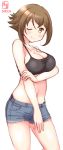  alternate_costume artist_logo black_tank_top blue_shorts breasts brown_hair cleavage commentary_request cowboy_shot crossed_arms dated denim denim_shorts green_eyes highres kanon_(kurogane_knights) kantai_collection large_breasts midriff mutsu_(kantai_collection) navel short_hair shorts simple_background solo tank_top white_background 